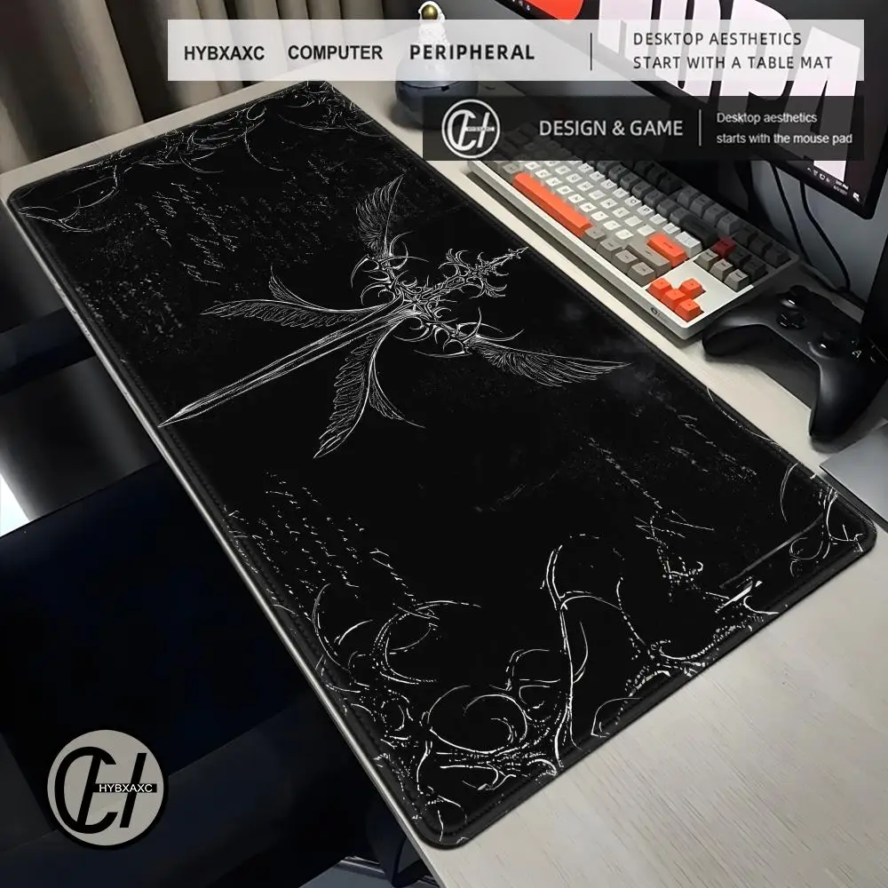 Dark Gothic Cross Wing Pattern Large Desk Mat Non-Slip Rubber Extended Mousepad Desktop Protector Gaming Keyboard Table Pad