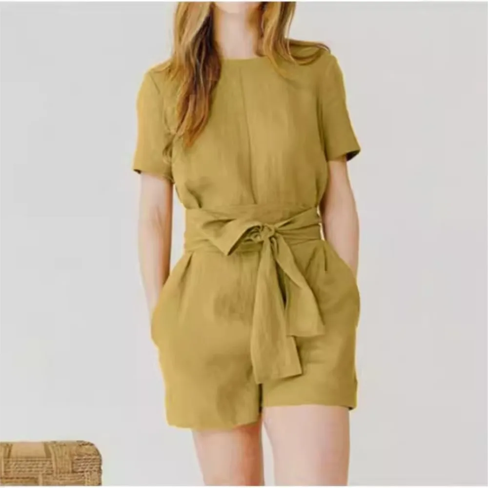 Neue kurzarm Leinen Baumwolle frauen Spitze-up Overalls Shorts Sommer Weibliche Casual Mode Tasche Einfache Strampler Hose 2025