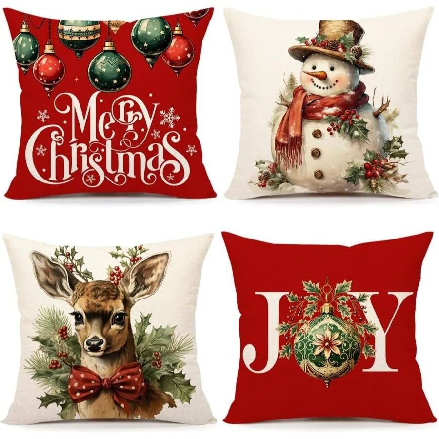 4pcs Red White Christmas Winter Farmhouse Decorative Set 18x18 Inch Square Zippered Covers with Holly, Pine