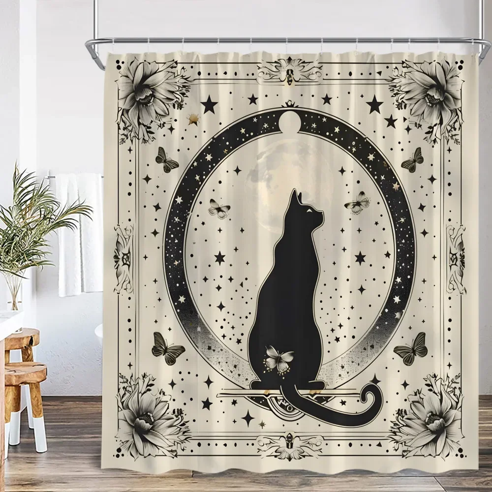 Retro Magic Shower Curtain Wizard Hat Witch Magic Room Library Book Bookshelf Polyester Fabric