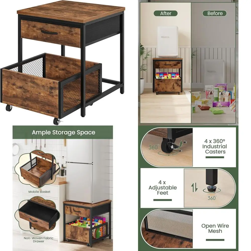 

Compact 19.7 Square End Table with Storage, Mobile Basket, Nightstand, Rustic Brown & Black TBZ55BF