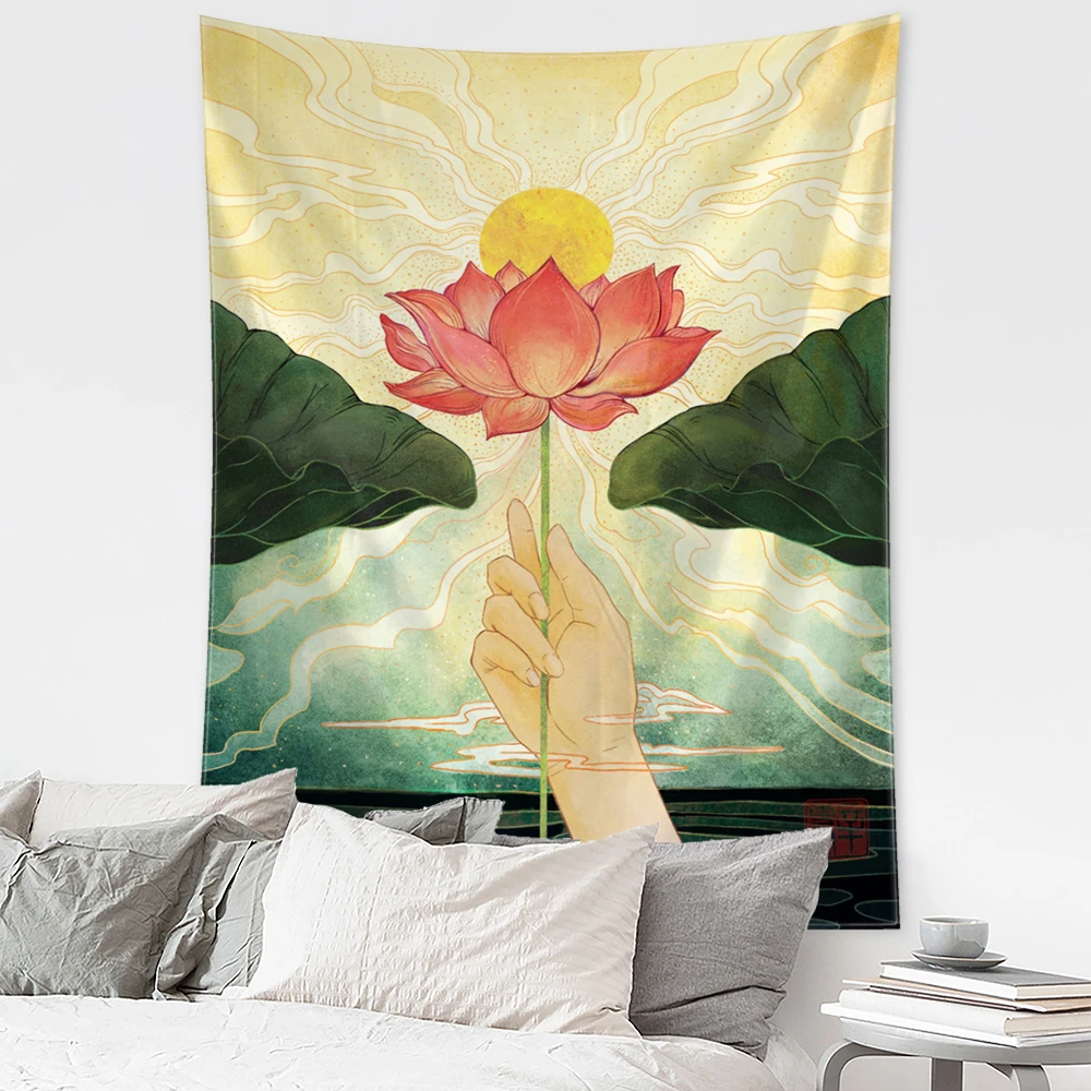 Lotus Sunset Oil Painting Tapestry Wall Hanging Bohemian Style Hippie Tapiz Witchcraft Psychedelic Art Home Decor
