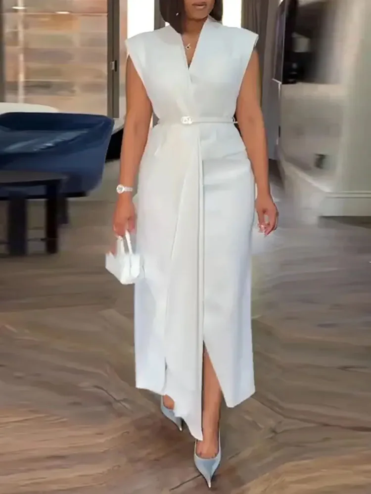 Lässiges Büro- und Pendlerkleid mit Schnürung, modisches V-Ausschnitt-Kleid, ärmellos, mit Taschen, asymmetrisches Kleid, elegantes, einfarbiges, schmal geschnittenes A-Linien-Kleid