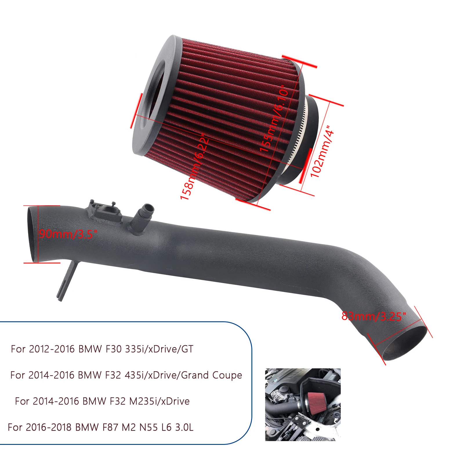 ประสิทธิภาพชุดไอดีอากาศสําหรับ BMW 12-15 335i /14-16 435i M235i / 16-18 M2 N55 3.0L TURBO