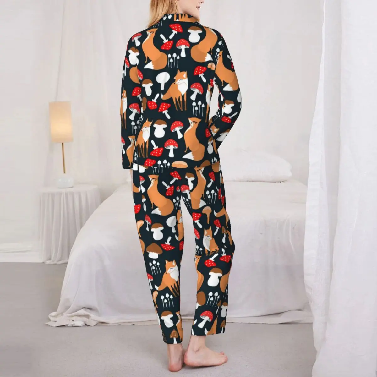 Cute Fox And Mushrooms Pajama Set Autumn Animal Print Warm Night Sleepwear Female Two Piece Loose Oversized Nightwear Gift