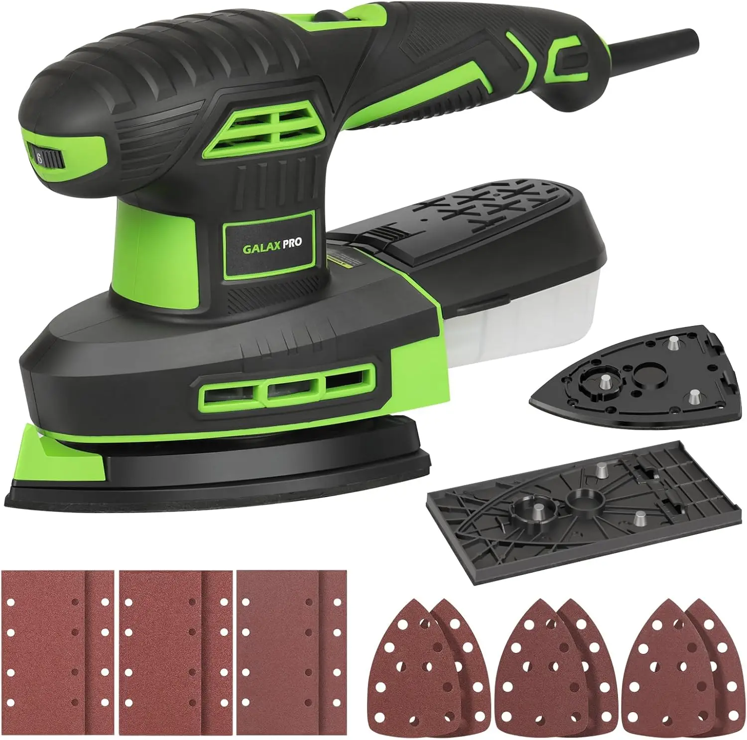 

250W Dual-Function Electric Sander with Dust Box, 6000-12000 RPM Variable Speed for Metal and Wood, Includes Sandpaper