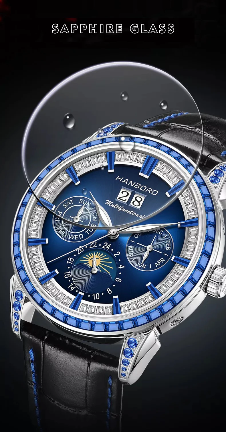 HANBORO Orologio automatico da uomo 42mm Orologio da polso meccanico Impermeabile Zaffiro luminoso 24 ore Data Miyota 82S0 Quadrante in cristallo Lunetta