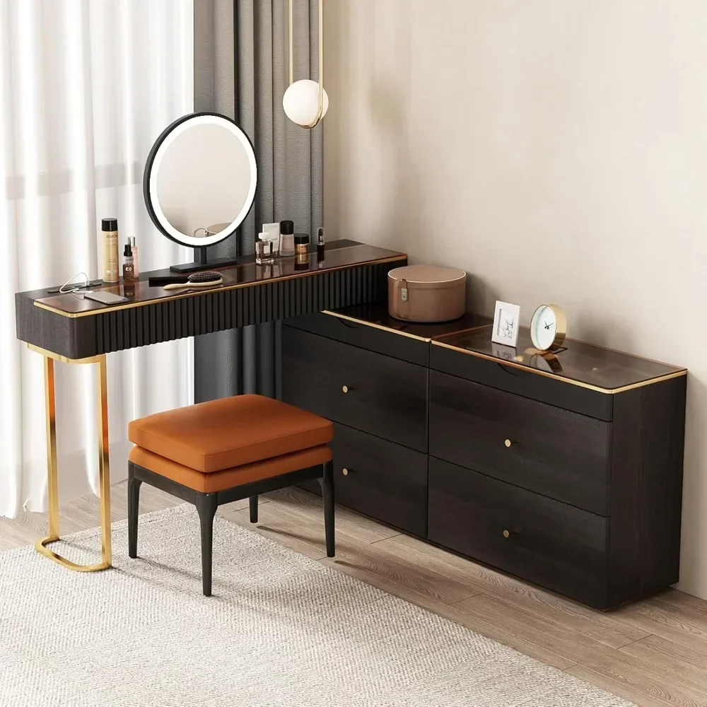 

Makeup Vanity with Stool, Very Easy to Assemble,Retractable TV Cabinet Combination, Dressing Table Desk in one, Super Storage