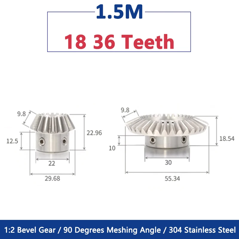 

1 шт. 18 36 зубьев 1,5 м 1:2 коническая шестерня 90 градусов угол резки 304 Шестерня из нержавеющей стали 1,5 модуль 18T 36 T отверстие 8 10 12 14 15 16 мм