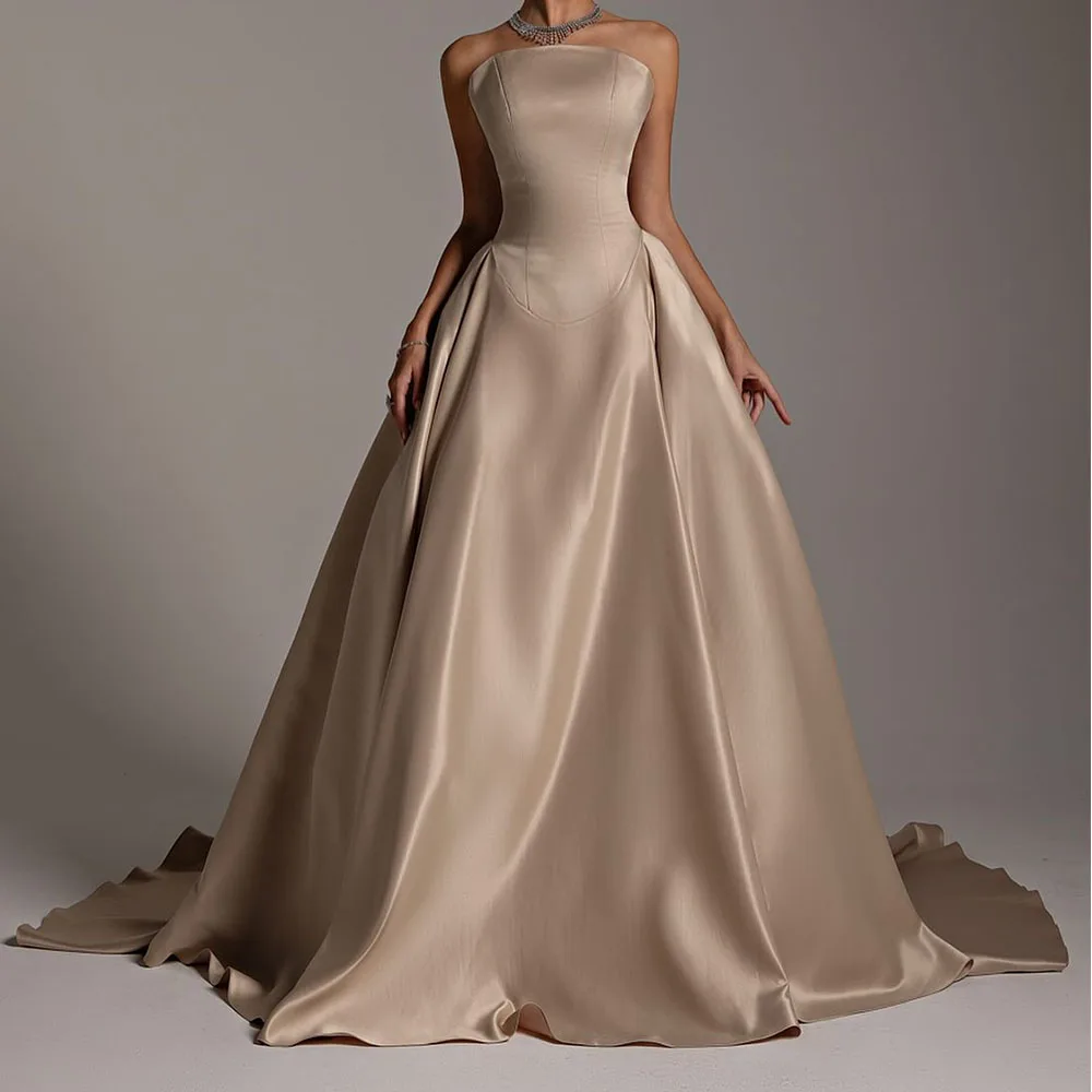 

Customized Temperament Satin Evening Dress High Quality Strapless A-Line Sleeveless Floor Length Panel Train Celebrity Gowns