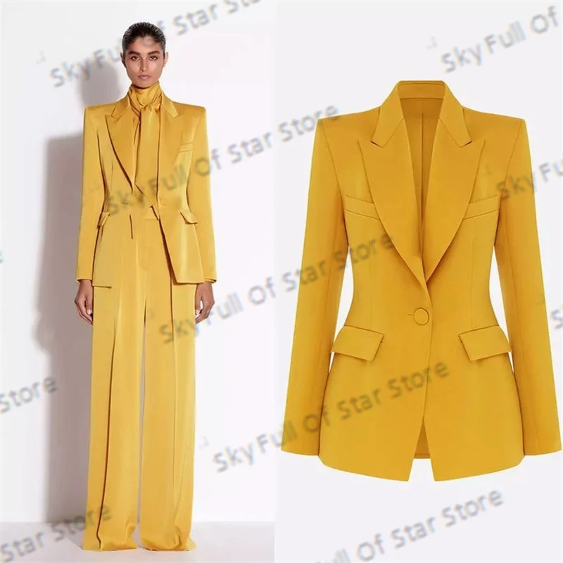 

Golden Yellow Women Suit Set Customized 2 Pcs Blazer+Loose Pants Trousers Spring Formal Office Lady Jacket Wedding Prom Dress