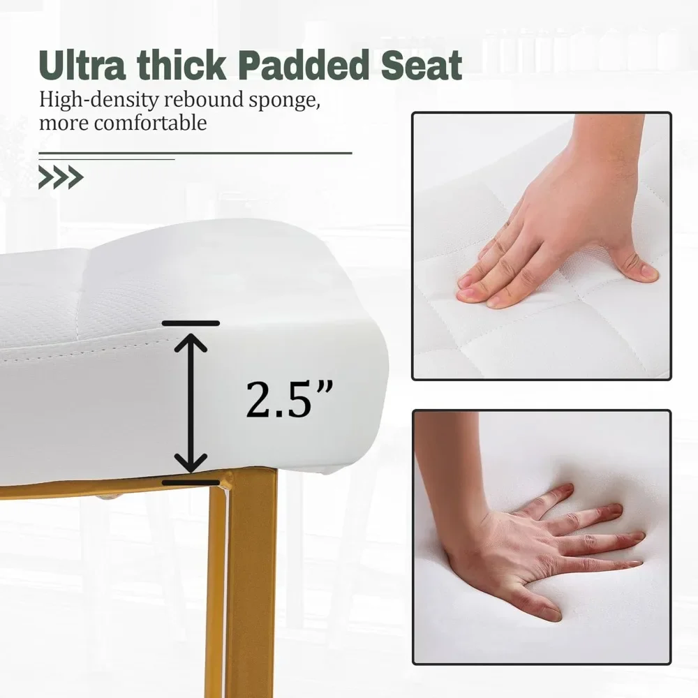 مجموعة من 3 مقاعد بار بدون ظهر باللون الأبيض والذهبي مع ارتفاع من الجلد الصناعي المنجد للمطبخ أو غرفة الطعام