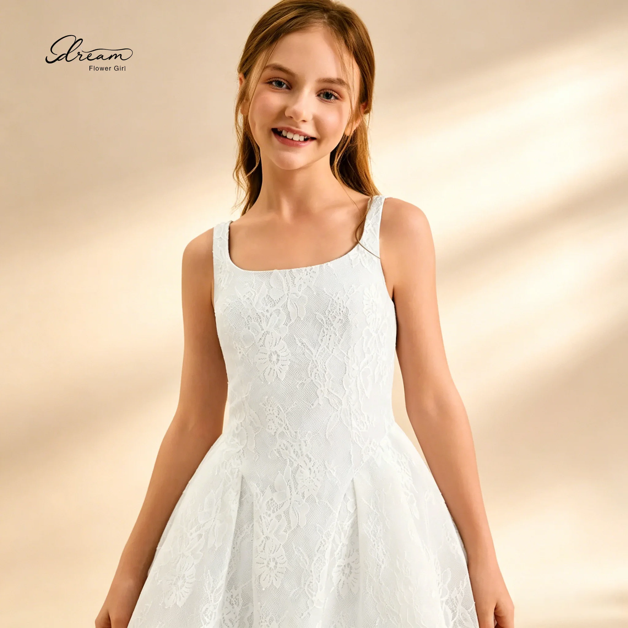 Elegant White Chiffon and Lace Party Dress for Children Sleeveless Knee-Length with a Fitted Waist