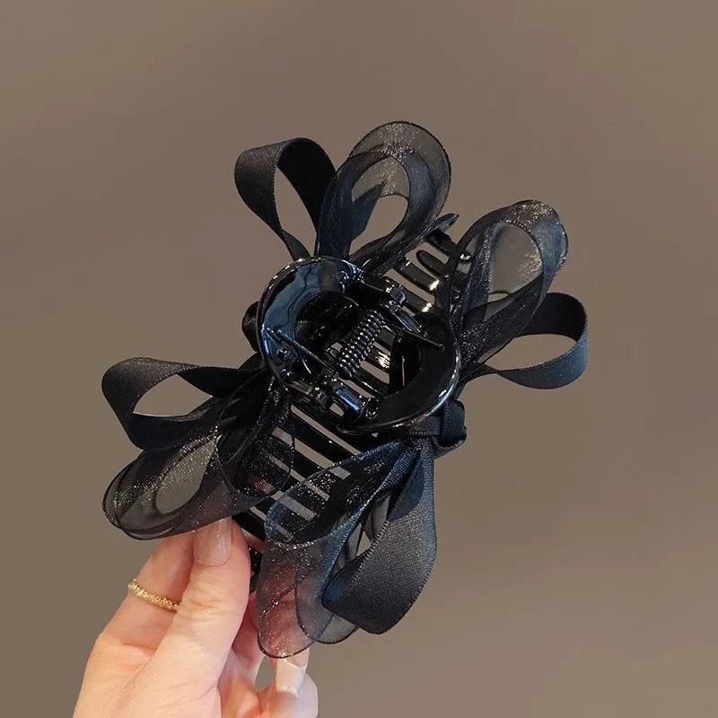 Schwarzer Mesh-Schleifen-Haifisch-Clip, Super-Fee, dreidimensionaler großer Halteklammer, leichtes, luxuriöses High-End-Geflechthaar im französischen Stil – Detail 2