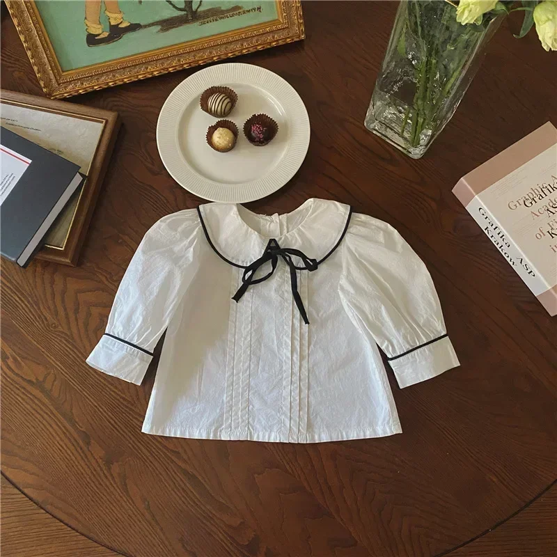 Korean Style New Spring Baby Girl Sets Long Puff Sleeves Peter Pan Collar Bow Bottomed Shirts+Pure PP Shorts Kids Clothing E6811