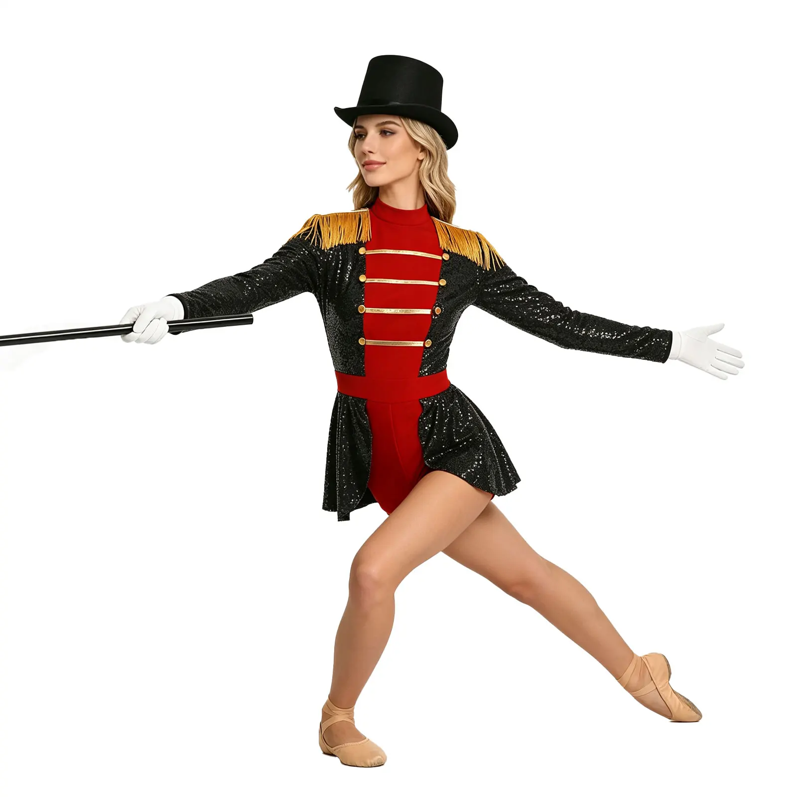Disfraz de Cosplay de Maestra de Circo para Mujer, con Lentejuelas Brillantes, Manga Larga, Vestido de Leotardo con Flecos en los Hombros, Sombrero, Varita y Guantes para Halloween
