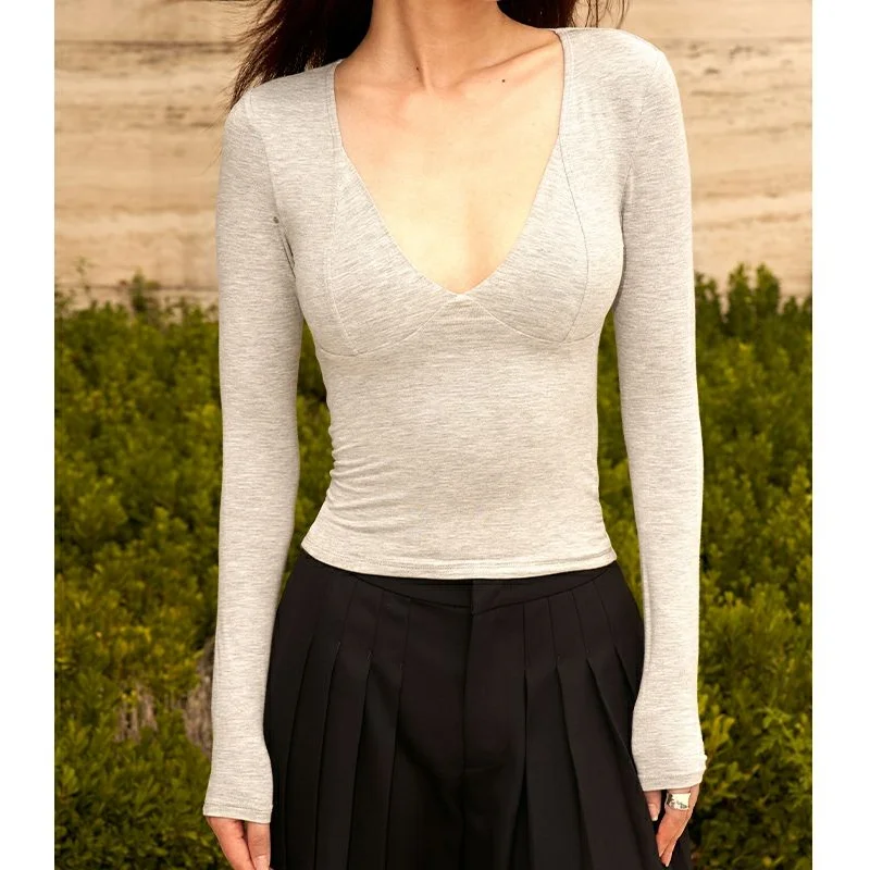 Modal Long-sleeved T-shirt Women's Autumn Fashion Ins Deep V Sexy Hot Girl Top