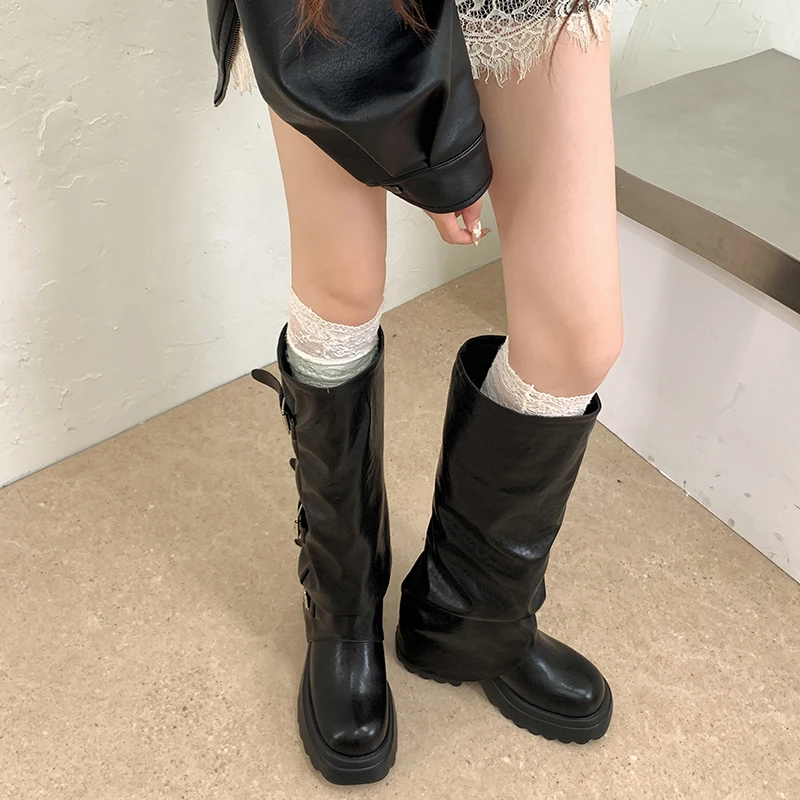 Women PU Leather Knee High Knight Boots Three Metal Buckle Decor Pleated Thick Platform Heel Punk Style Long Boots Botas Mujer
