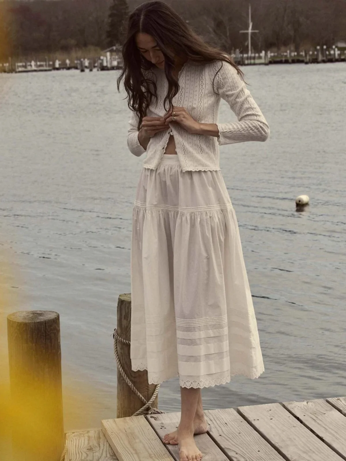 

Women Heavy Embroidery Single Breasted Round Neck Long Sleeve Knitted Cardigan + High Waist A-Line Loose Long Skirt Casual Suits