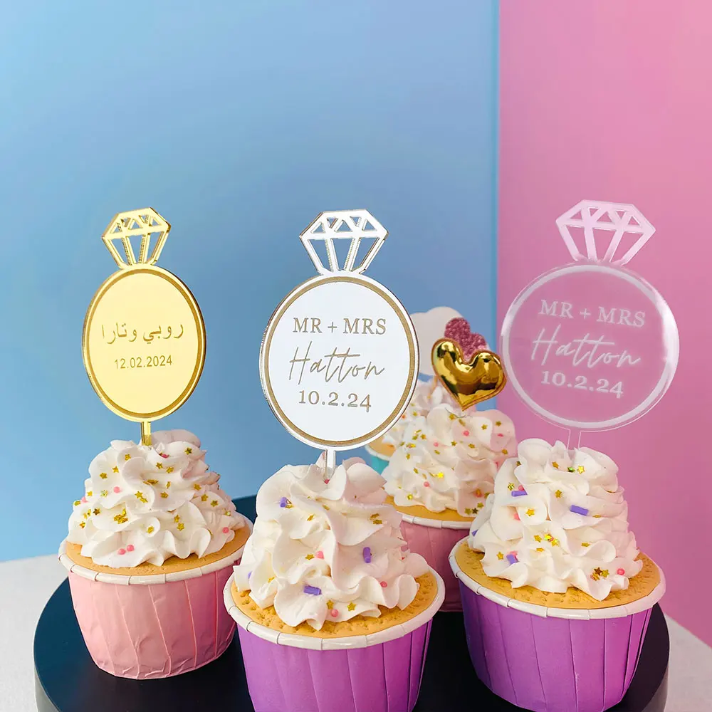 Personalized Ring Cupcake Toppers Cake Charms Wedding Bridal Shower Cupcake Toppers Custom Anniversary Acrylic Decoration