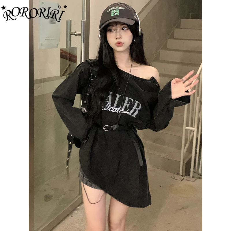 Lororiri-女性用傾斜ショルダーTシャツ,レザーベルト付き,ヴィンテージ,ブラック,長袖,特大トップス,グランジy2kパンク服