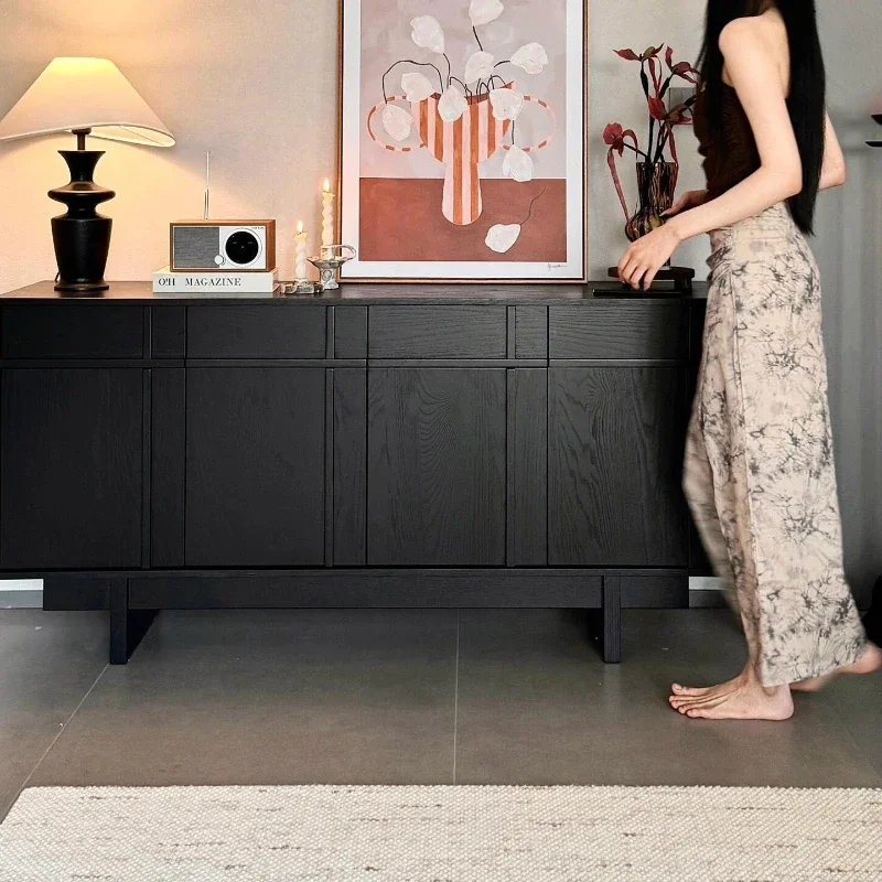 

Medieval style side cabinet, black solid wood wabi-sabi style advanced sense, living room and home wall storage cabinet