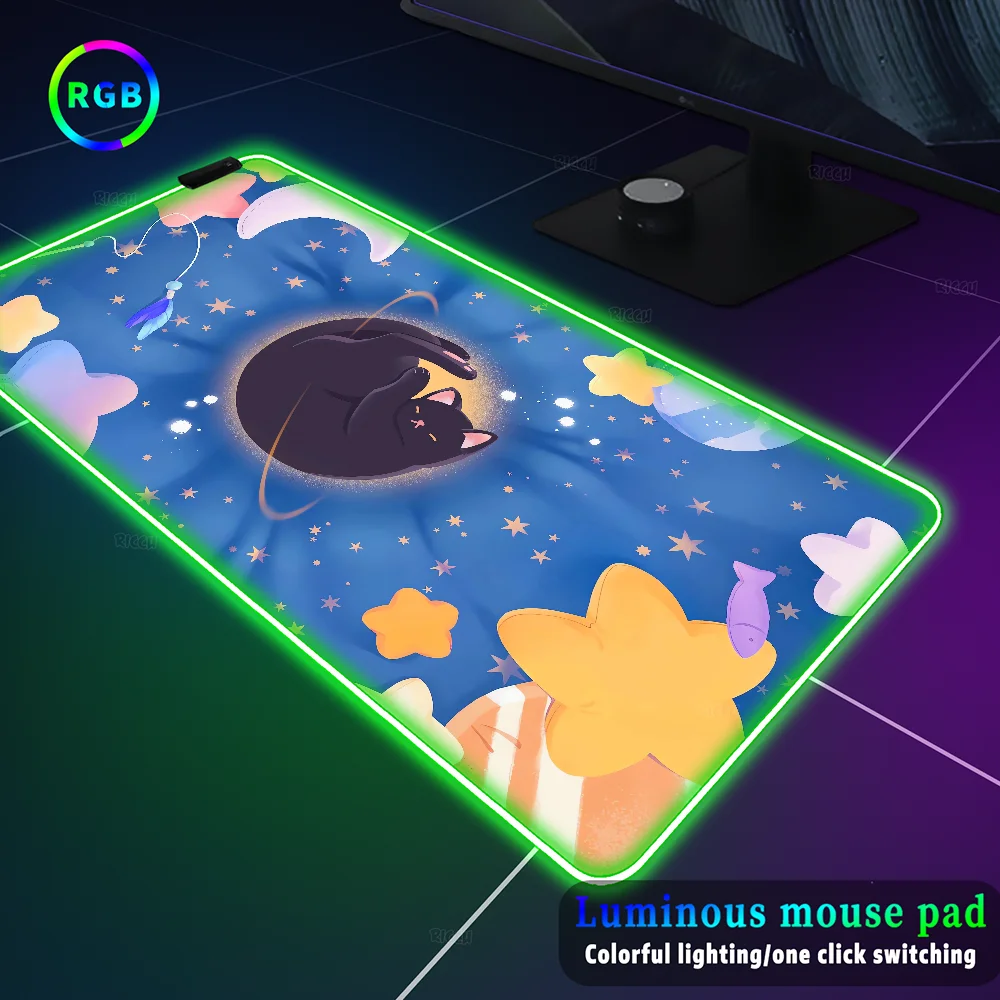 Imagem -02 - Colorido Luminous Rgb Iluminação Mouse Pad Tapete Grande Nuvem de Gato Preto Tapete Rosa Kawaii Tapete Brilho 40x90