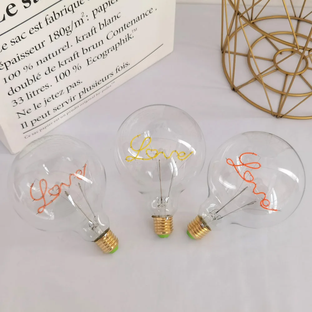 LED G125 4W 220V Dimmbale LOVE Pink Red Yellow Blubs Edison Bulb Neon Letter  Transparent Desk Light Ambient Bedroom Light