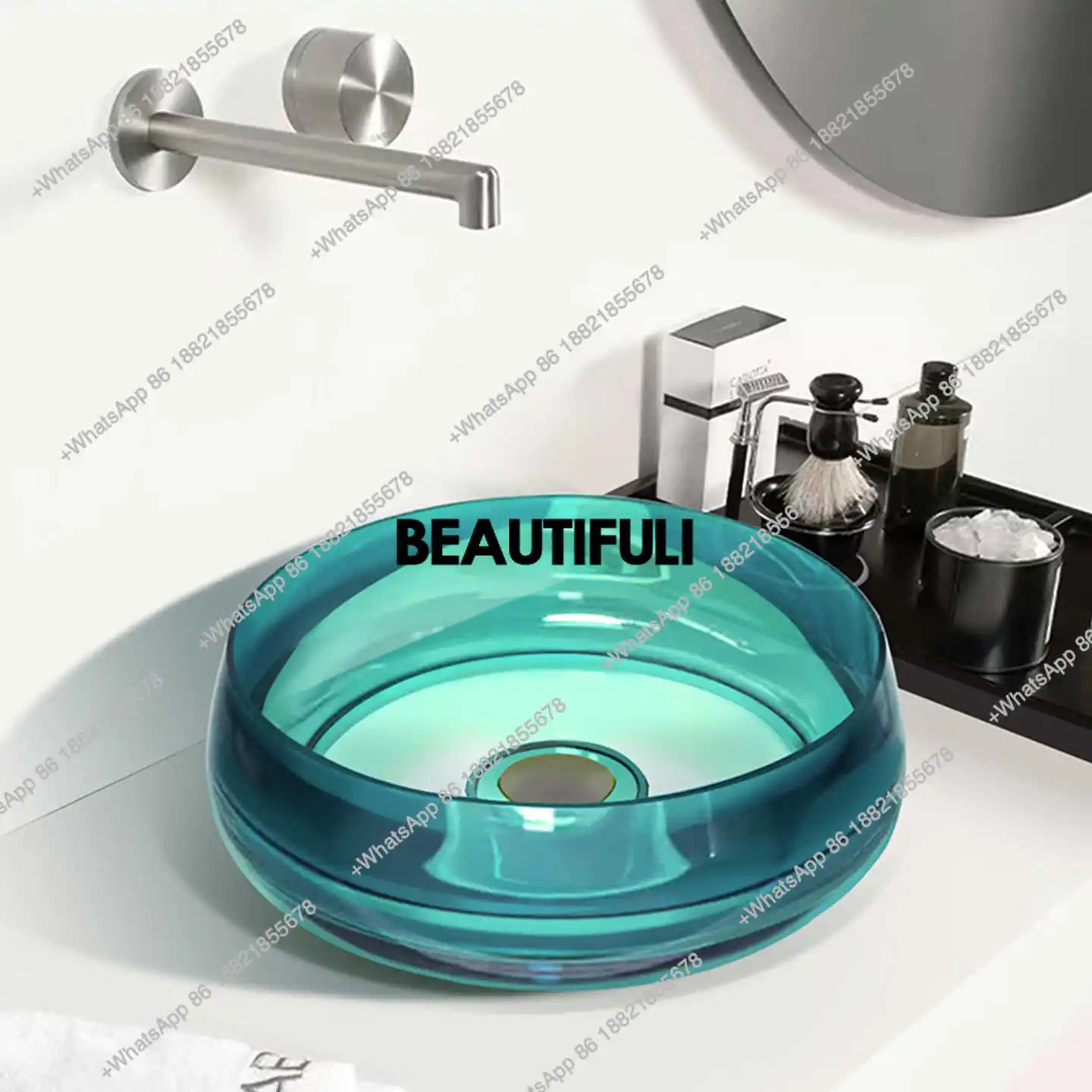 

High end artistic crystal countertop basin,circular washbasin with thin edge design,fashionable colored clear washbasin