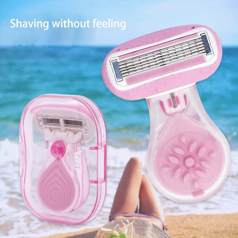 Portable Short Handle Ladies Shaving 5 Layer Blade With Soap Bar Smooth Razor Blade Ladies Body Curve Replaceable Blades