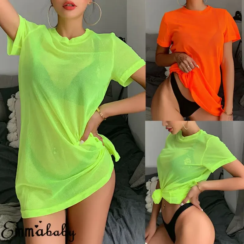 Local stock Screen Short Sleeve Perspective Women Neon Green O Neck Vintage Mesh Short Sleeve Tee Shirt Long Tshirts Beachwear