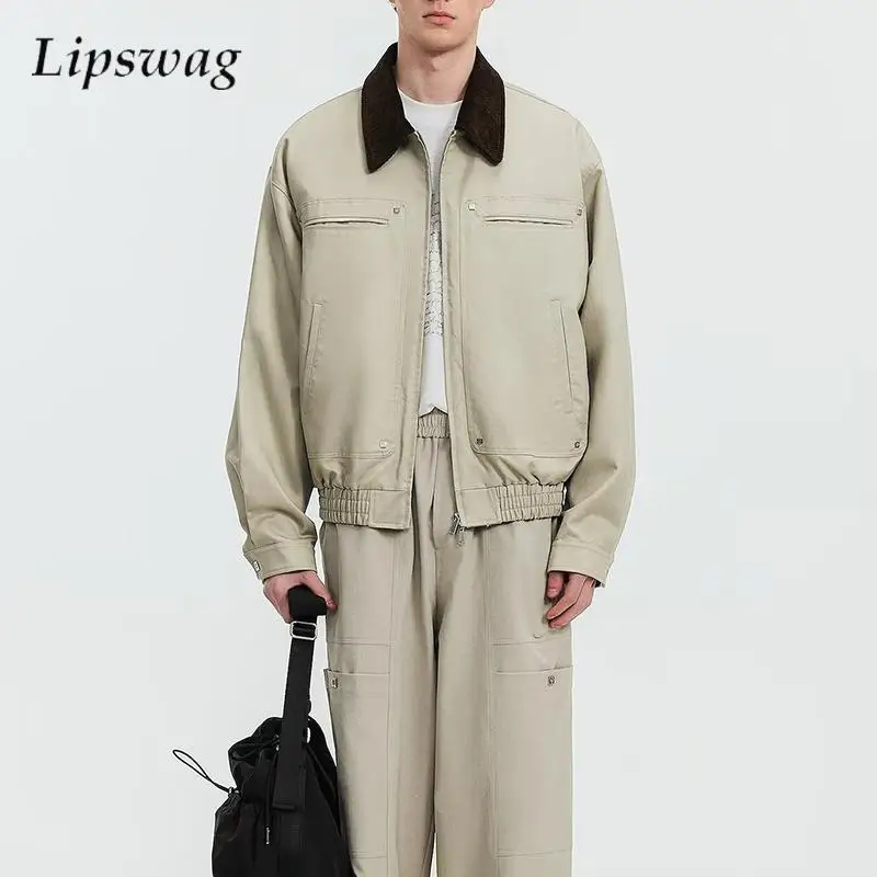 2026 Spring Autumn Contrast Color Jacket Mens Fashionable Lapel Loose Outerwears Men Vintage Loose Zip-up Pocketed Cargo Coats