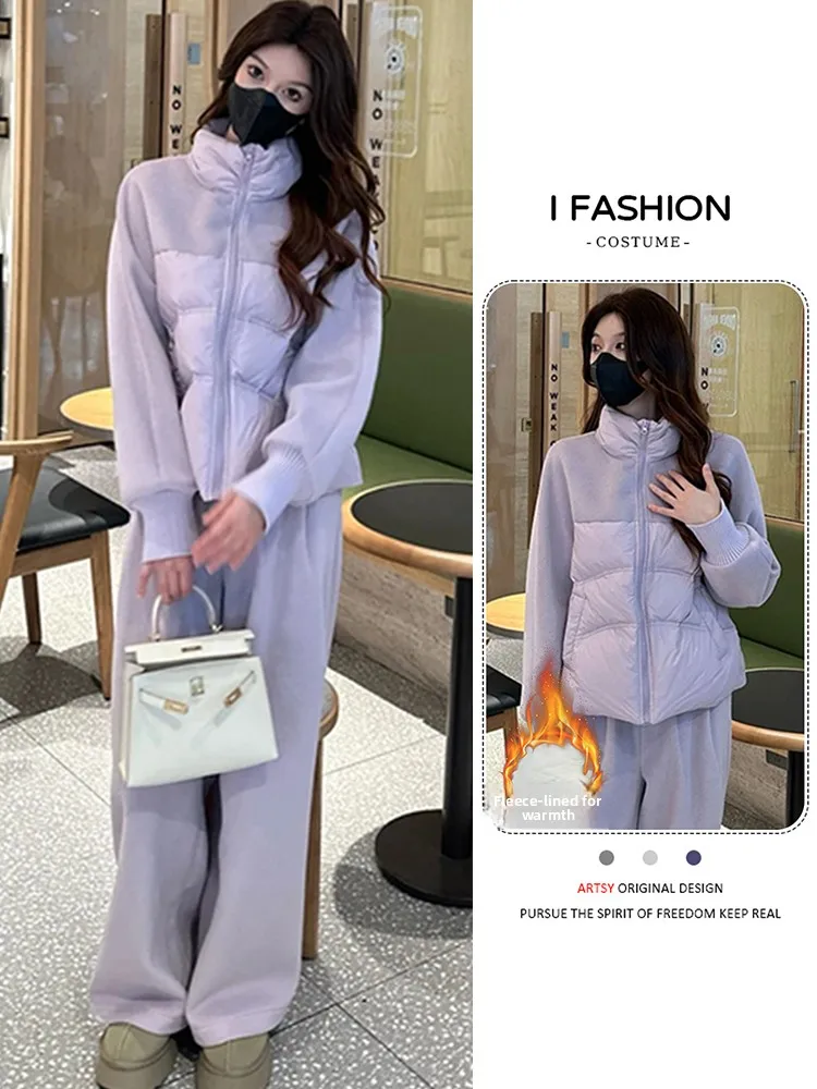 

Faionable Sportswear Set for Women Winter New Loose Warm down Cotton Jaet Wide Leg Pants Two Piece Set Small Size