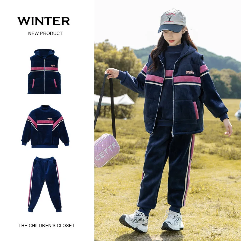 ZOEETOP Winter Junior Girl Plus Velvet 3-Piece Suit School Girl Thick Sweatshirts+Hooded Cotton Vest+Sweatpants Sets For Girls