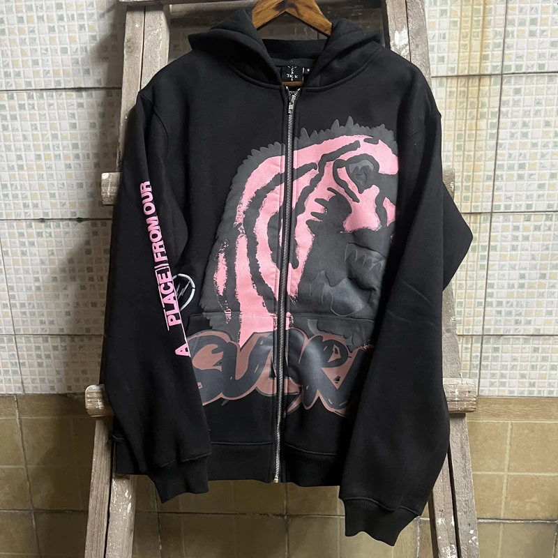 

Cactus Jack Hooded Jackets Hip Hop Tiger Print Zipper Cardigan Sweatshirt Loose Jacket for European American Streetwear