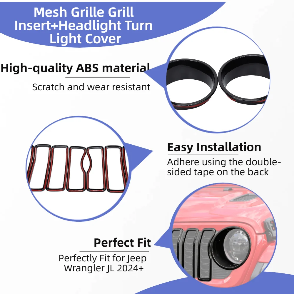 Car Mesh Front Grille Grill Insert Headlight Light Cover Trim Frame Fit for Jeep Wrangler JL 2024 2025 2026 Exterior Accessories