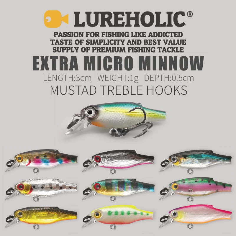 LUREHOLIC 3cm 1g Mini Sinking  Extra Micro Minnow Hard Lure Bait Depth 0.5m with MUSTAD Hook