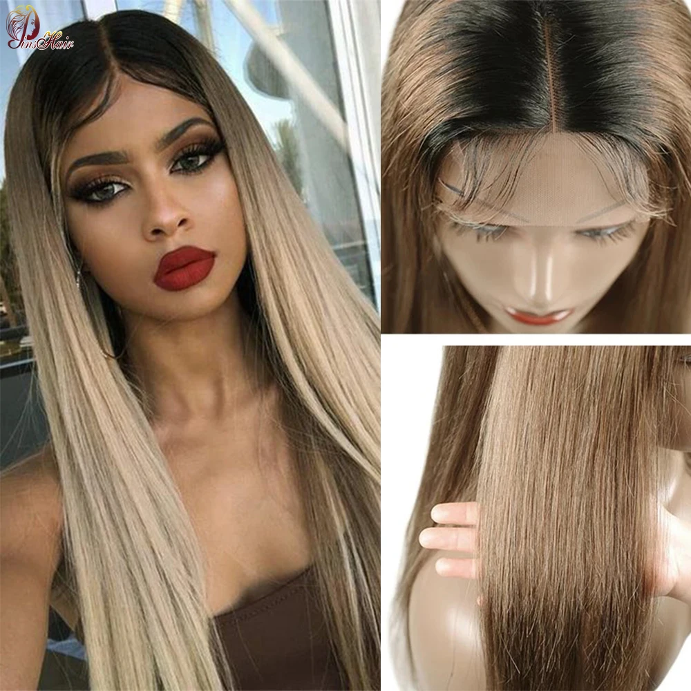 

Grey Color Human Hair Wigs Lace Front Wig for Women Brazilian Straight Ombre Brown 4x4 Lace Closure Wig PrePlucked Bleached Knot