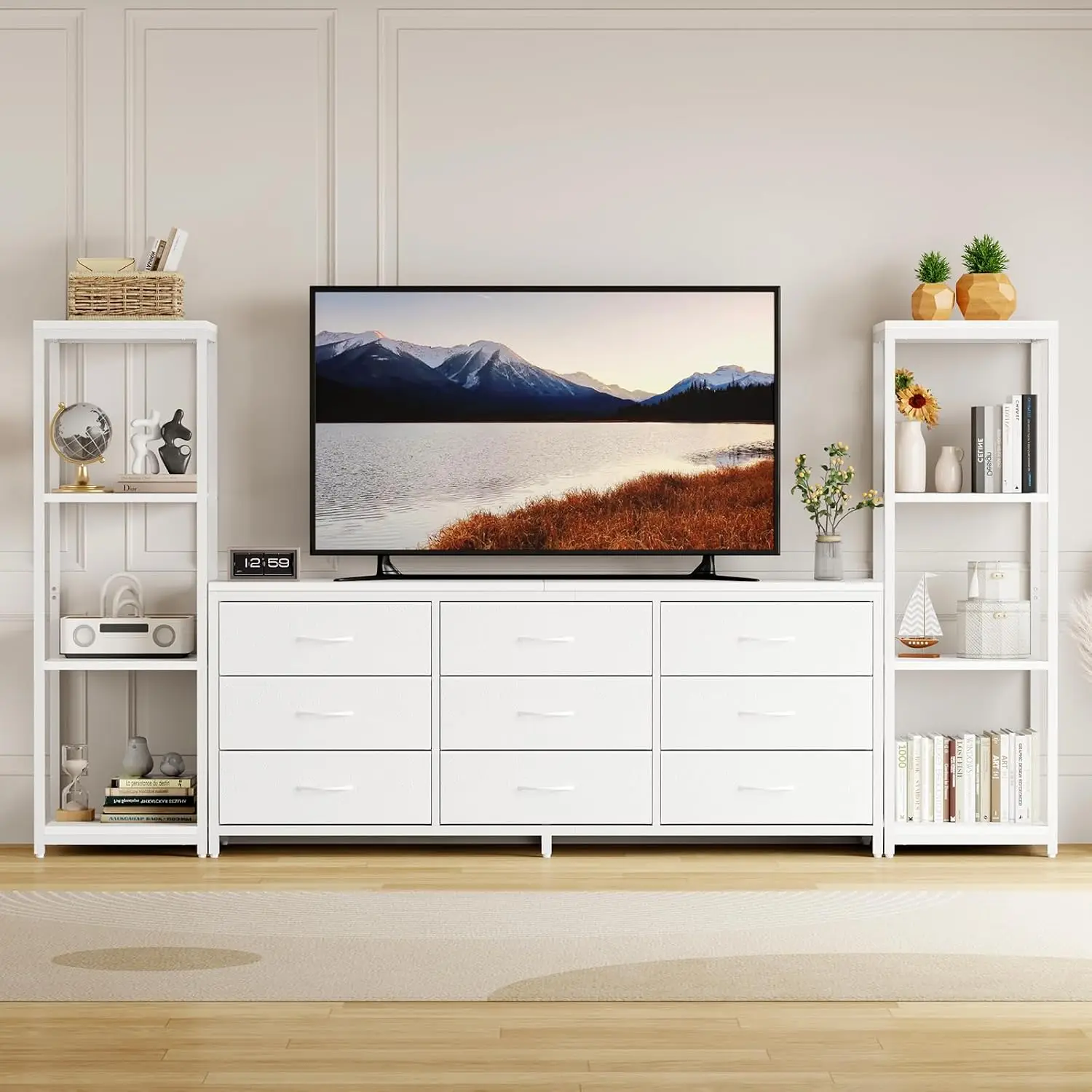 Large TV Stand for 75 Inch TV, Entertainment Center with Fabric Drawers & 4-Tier Shelves, Industrial Console for Living Room, Wh
