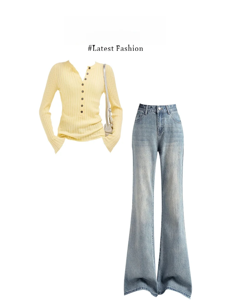 

Yellow Slim Fit Knitwear High Waist Straight Leg Jeans Korean Style Early Autumn Outfit Set Fashionable Casual Wear for Women