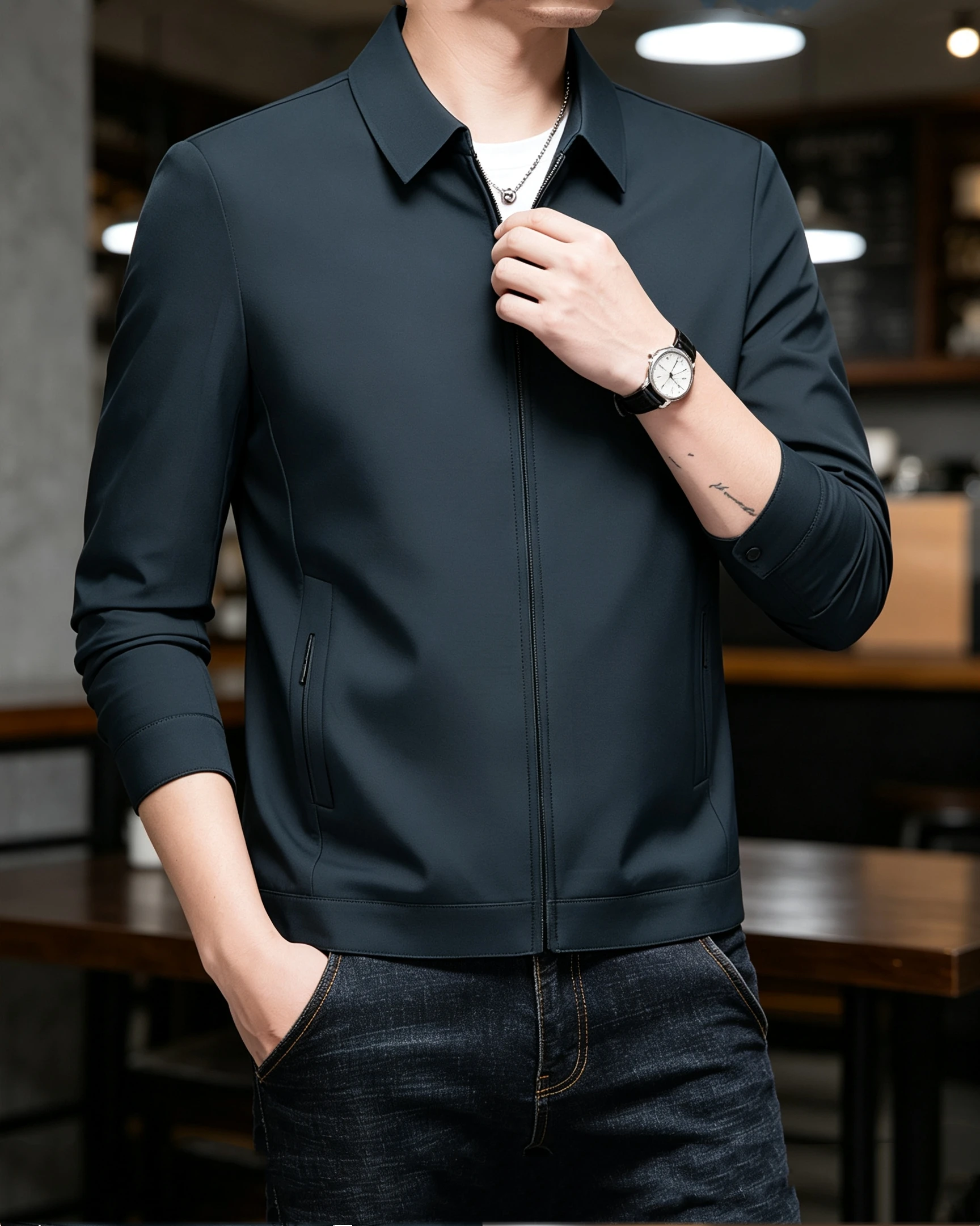 Men's Lapel Collar Zip Up Jacket Thin Smooth Business Casual Coat Dark Navy Solid Outerwear For Spring Autumn