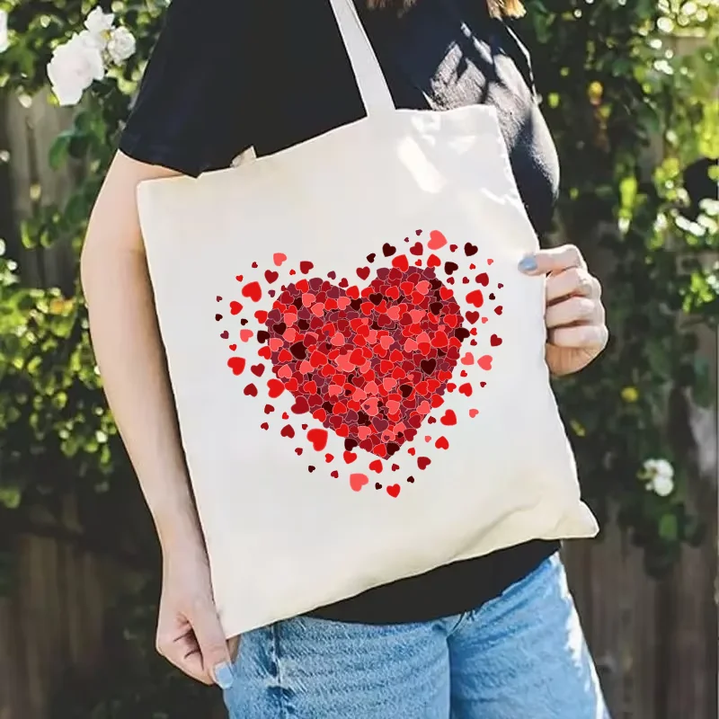 حقيبة يد للنساء موضة عيد الحب ليوبارد الحب القلب الجرافيك قماش حمل حقيبة تسوق سيدة حقيبة كتف حقائب كتب الطالب