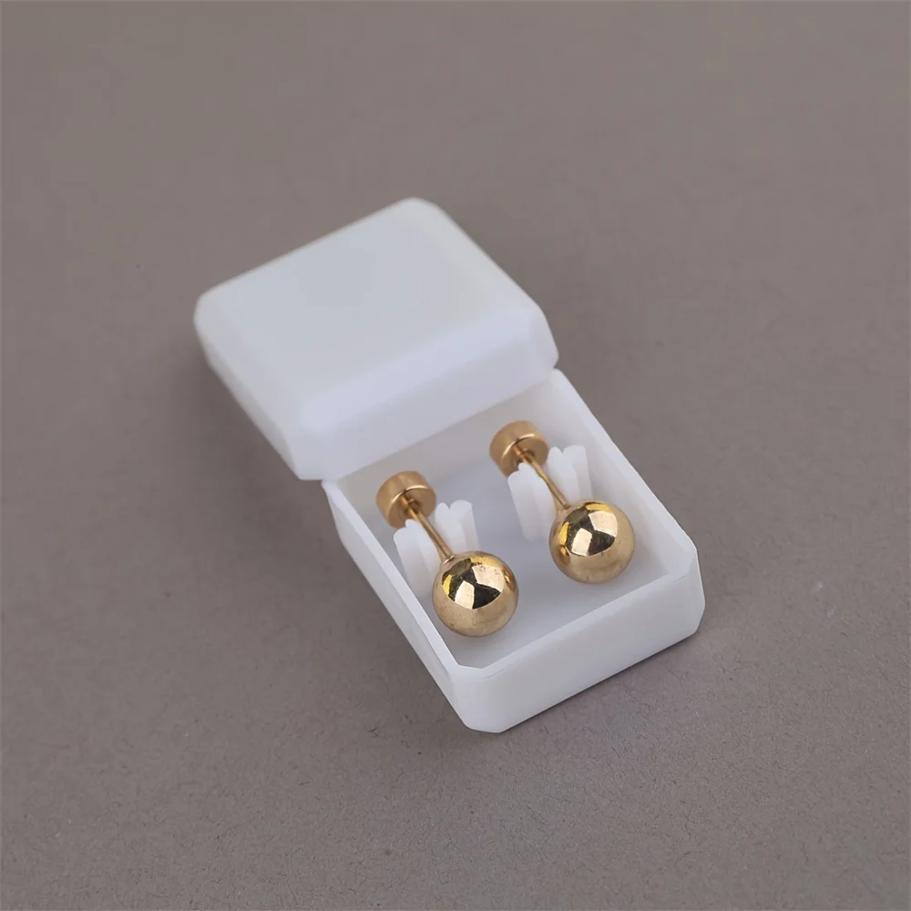 1pair Boxed 6MM Stainless Steel Geometric Round Shape Glossy Ball Screw Back Stud Earrings For Women Men Ear Piercing Jewelry