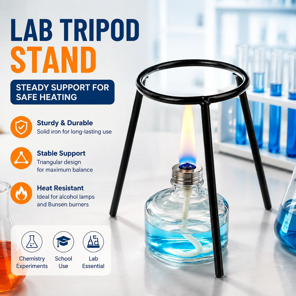 Lab Alcohol Lamp Tripod Stand Heating Support Holder, Bunsen Burner Clamp Tool, School Chemistry Experiment Equipment