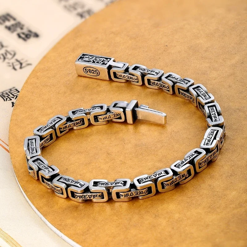 

S925 Sterling Silver Six Word Truth Bracelet Male Retro Ethnic Style Old Thai Silver Jewelry Trend Bracelet Gift For Boyfriend