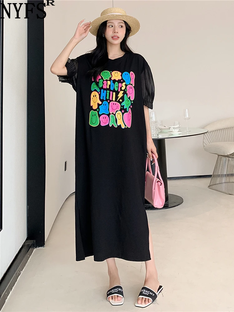 

NYFS 2023 Summer New Korea Woman Dress Vestidos Robe Elbise Loose Plus Size Pocket Slit Print Paneled Puff Sleeve Long Dresses