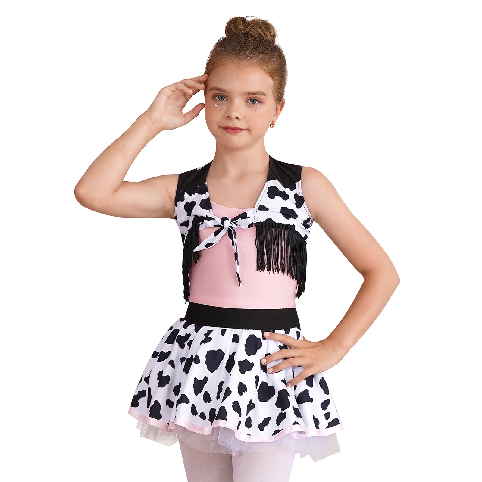 Girls Pink Cowgirls Western Princess Costume Milk Cow Printed Tutu Dress with Waistcoat Vest Wild West Outfit for Cosplay Party