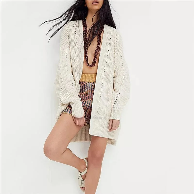 معطف سترة محبوكة فضفاضة مع كيتات للنساء لخريف وشتاء ثي طويل Sve لون نقي فانوس Sve مادة البولي يوريثان