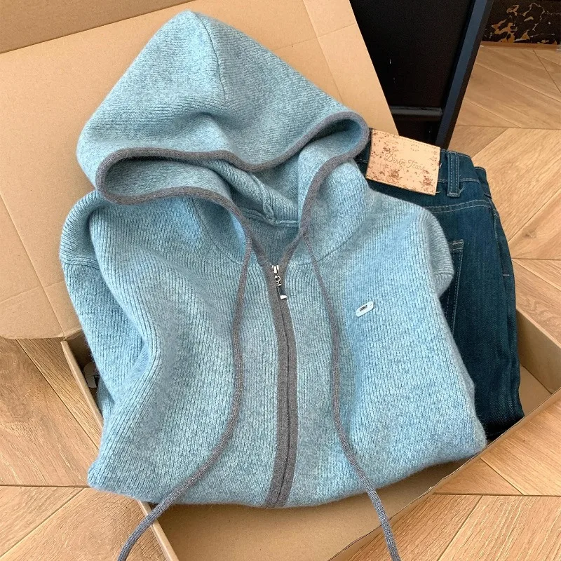 

Korean Fashion Double Zipper Hooded Knitting Cardigan Women Autumn Winter New Lazy Hoodie Trend Womens Sweater