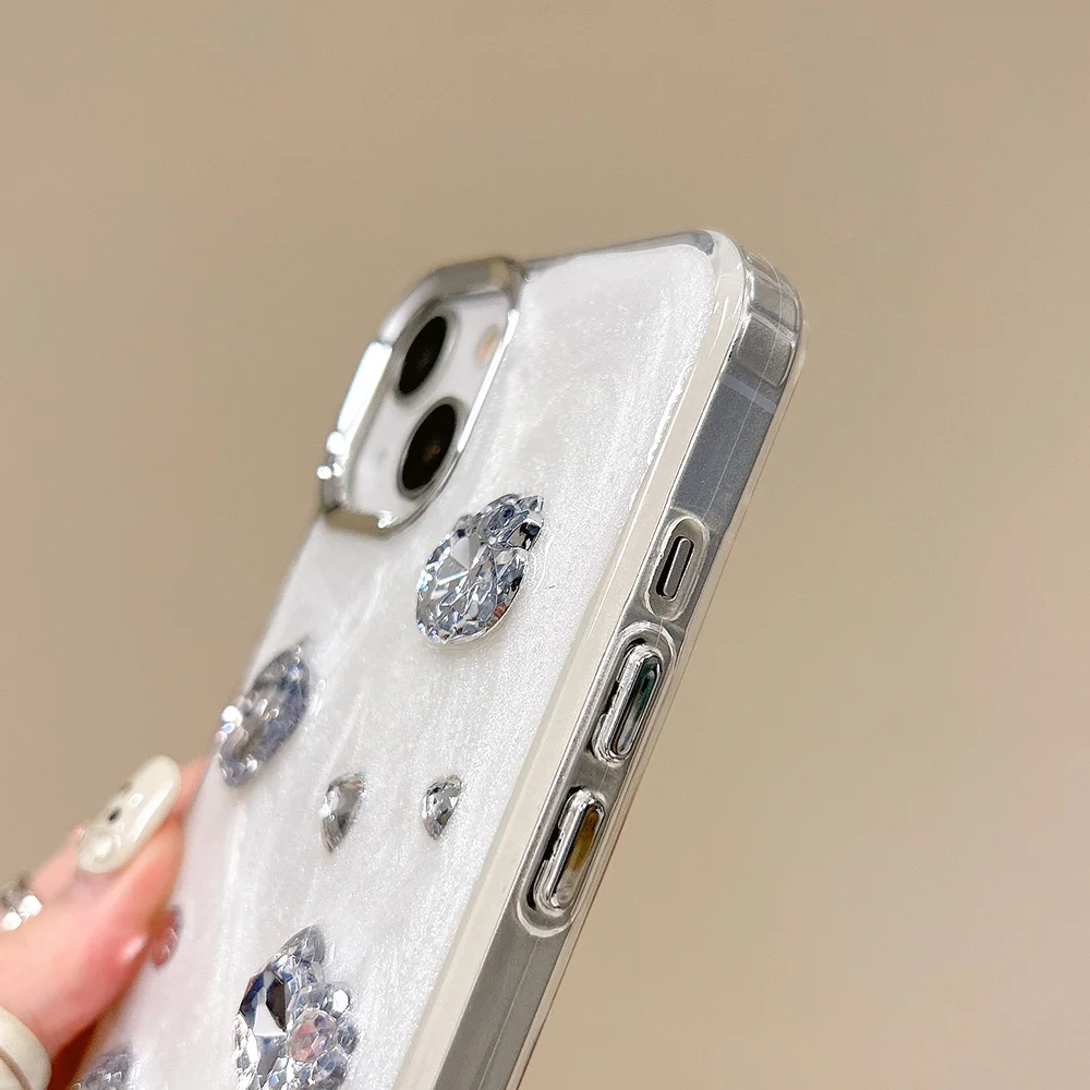 Casing bening hati kucing kartun berlian berkilau lucu Korea untuk iPhone 15 14 13 12 11pro Max penutup lunak pelindung lensa cinta berlian imitasi